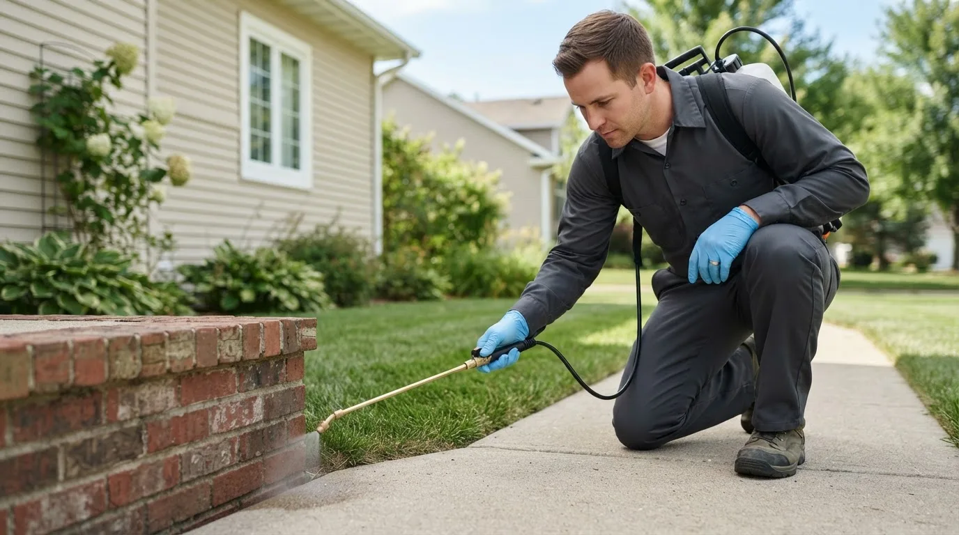 Pest control technician treating a home near Malcom, IA