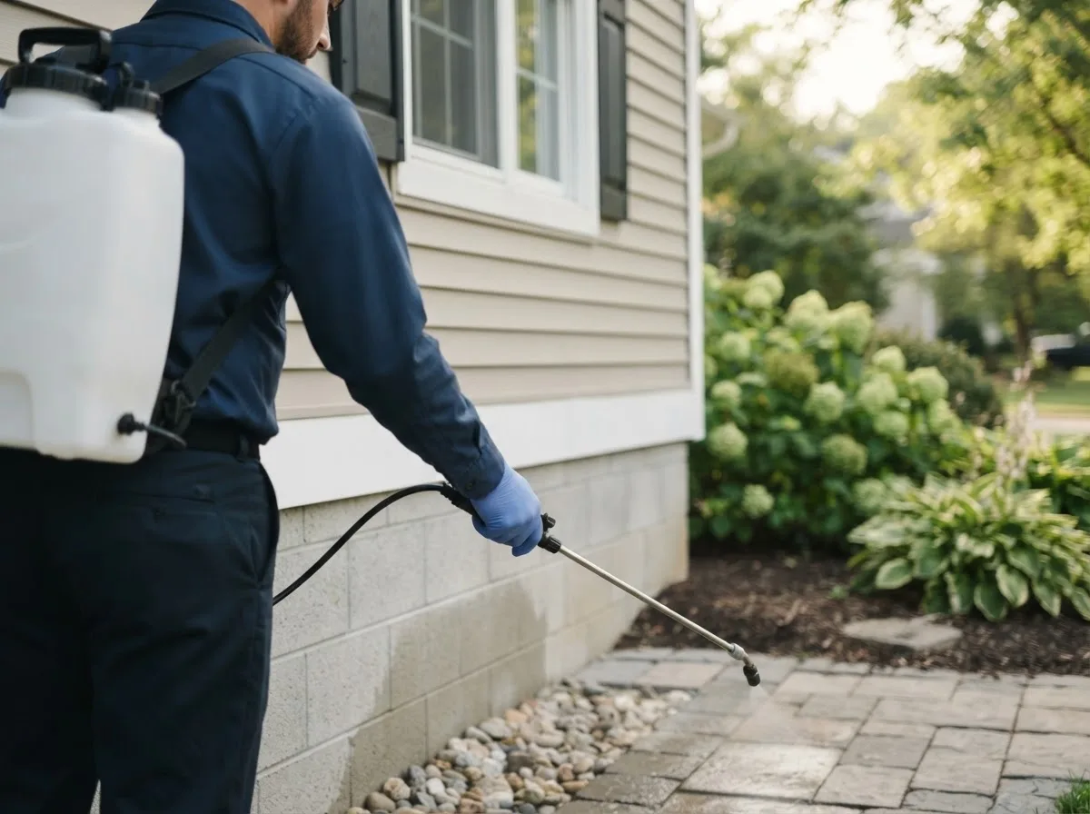Pest control technician inspecting a home in Malcom, IA